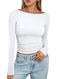 Trendy Queen Women's Boat Neck Tops Long Sleeve Shirts Casual Fitted Tee Shirts Solid Color Fall Basic Clothes White M