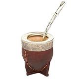 Yerba Mate Gourd Set with Stainless Steel Straw | Handmade Leather Yerba Mate Cup and Bombilla Set from Argentina - Beach Essentials - Idea for Gifts | Travel Cup Mate