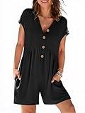 MEROKEETY Women's Summer Cap Sleeve Jumpsuits 2025 Casual V Neck Button Short Romper with Pockets, Black, X-Large