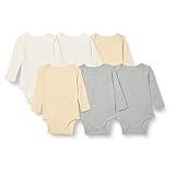 Amazon Essentials Unisex Babies' Long-Sleeve Bodysuits, Pack of 6, Beige/Light Grey Heather/White, 0-3 Months