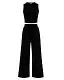 BTFBM Women Summer 2 Piece Outfits 2025 Beach Crew Neck Sleeveless Cropped Top Elastic Waist Wide Leg Pants Lounge Set(Black, Small)
