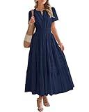 BTFBM Womens Summer 2025 Casual Midi Maxi Dresses Lightweight Short Sleeve V Neck Elastic Waist Boho Beach Dress Pockets(Navy, Medium)