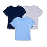 Amazon Essentials Unisex Babies' Short Sleeve T-Shirts, Pack of 3, Blue/Navy/Medium Grey Heather, 18 Months