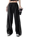 Shebote Womens Parachute Pants Wide Leg Baggy Y2K Elastic Waist Jogger Sweatpants Track Pants Streetwear(0046-Black-M)