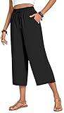 Anyhold Womens Capri Pants Loose High Waisted Wide Leg Lounge Pants Drawstring Casual Palazzo Trousers with Pockets Large, Black