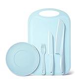 Hartya Kid-Safe Cooking Knife Set for Real Cooking with Cutting Board, Plastic Knives, Plate & Fork, BPA-Free Kids Knives/Toddler Knives (Blue)