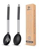 Pack of 2 Large Silicone Cooking Spoons,Non Stick Solid Basting Spoon,Heat-Resistant Kitchen Utensils for Mixing,Serving,Draining,Stirring (BLACK)