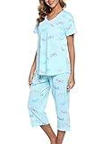 ENJOYNIGHT Womens Pajama Sets Cotton Pj Set Short Sleeve Top With Capri Pants Sleepwear 2 Piece Lounge Set(Large,Flyyying)
