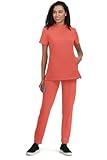 KOI Next Gen Driven Women's 4-Pocket Mandarin Collar Scrub Top Heather Coral M