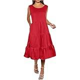 Women's Summer Casual Sleeveless Swing Sundress Boho Flowy Ruffle Tiered Maxi Dress with Pockets(Red, XL)