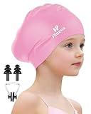 Kids Swim Cap for Girls Boys, 2 Size Silicone Swimming Cap for Long Hair Short Hair, Waterproof Swim Hats Bathing Caps for Age 3-15 Toddlers Children Teens to Keep Hair Dry-Pink