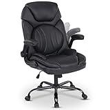 Comermax Ergonomic Executive Office Chairs with Lumbar Support, PU Leather Home Office Desk Chairs with Wheels and Flip up Arms, 90-120° Rocking Managerial Executive Chair (Black),Medium(300lbs)
