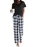 Ekouaer Pajama Sets for Women 2 Piece Short Sleeve Pj Sets With Long Printed Pants Loose Lounge Sets Black-White Plaid Large
