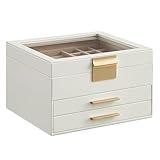 SONGMICS Jewelry Box Organizer with Glass Lid, 3-Layer Jewelry Storage, with 2 Drawers, Modern Style, 8 x 9.1 x 5.3 Inches, Cloud White and Gold Color UJBC239WT