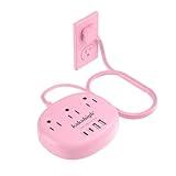 Pink Extension Cord with Surge Protected 1080J - 5 FT Flat Extension Cord, 1625W Cute Extension Cord with 3 AC Outlet 4 USB (24W/4.8A), Compact for Cute Pink Kawaii Desk Home Essentials