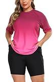 Halcurt Womens Plus Size Rash Guard with Built in Bra Swimshirt and Shorts 2 Pc Set Ombre Rose Pink 2X