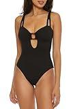 BECCA Women's Standard Modern Edge One Piece Swimsuit, Plunge Neck, Bathing Suits, Black, Medium