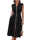 GRACE KARIN Black Dress for Women 2025 Summer Trendy Sleeveless Zipper Front V Neck Smocked Waist Knee Length Dress XL