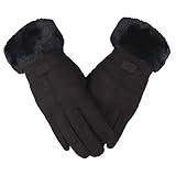 Women Thermal Gloves Winter Work Gloves Windproof Premium Genuine Suede Leathe Gloves (Black, One Size)