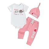 FIOMVA First Fathers Day Outfits Baby Girl Short Sleeve Romper Onesie Long Pants Hat Set Newborn 1st Fathers Day Clothes(Father's Day Pink, 0-3 Months)