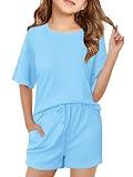 Haloumoning Girls Summer 2 Piece Outfits Kids Oversized T Shirts and Shorts Clothing Sets 5-14 Years