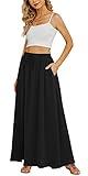 Yincro Women's Flowy Maxi Skirt Summer Pleated High Waisted Casual Long Skirts with Pockets (Black, XL)