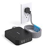 Black Extension Cord 25 Ft, HANYCONY Ultra Thin Flat Plug Power Strip with 4 Outlets 4 USB Ports (2 USB C), Wall Mount, Desk Charging Station for Office, School, Travel and Dorm Room Essentials