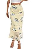 MEROKEETY Women's Summer Floral Mesh Midi Skirt 2025 Casual Trendy High Waist Ruched Boho Skirts, Apricot, L