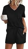 RUBZOOF Pajamas for Women Shorts Set V Neck Casual Short Sleeve Summer Lounge Sets Black L
