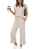 Saloogoe 2 Piece Sets for Women Beach Vacation Clothes Summer Date Outfits Lounge Pjs Sets Wide Leg Pants Woman Set Travel Airport Sweat Suit Beige S