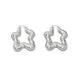 Gold Star Hoop Huggie Earrings for Women Chunky Irregular Geometric Star Stud Dangle Earrings Minimalist Statement Earrings Birthday Charm Jewelry (Silver)