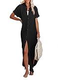 Herseas Bathing Suit Cover Ups for Women Casual Short Sleeve Side Split Button Dress Down Long Kimonos Cardigans 2025 Summer Resort Outfits Black Large 12 14