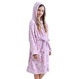 V.&GRIN Girls Fleece Hooded Robe, Kids Soft Plush Warm Printed Bathrobe Sleepwear Gifts for 5-14 Years（Lilac Heart 7-8）