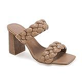 Syktkmx Women's Braided Heeled Sandals Backless Square Open Toe Block Slide Sandals, Light Brown, Size 5