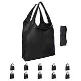 Aricsen 10 Pack Durable Folding Large Kitchen Reusable Shopping Bags with Handles Bulk, Recycle Foldable Grocery Heavy Duty Washable into Pocket Portable Nylon Tote, Polyester Cloth, Black