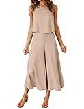 ROYLAMP Women's Summer 2 Piece Outfits Round Neck Crop Basic Top Cropped Wide Leg Pants Set Beach Jumpsuits Apricot M