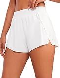 CRZ YOGA Running Shorts for Women High Waisted V Split for Gym Workout Athletic Track with Liner Breathable Quick Dry White Small