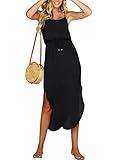 NERLEROLIAN Women's Adjustable Strappy Split Summer Beach Casual Midi Dress Black