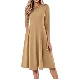 Elegant Dresses for Women Spring 3/4 Length Sleeve Midi Dress Formal Scoop Neck A Line Cocktail Solid Color Half Sleeve Vacation 2025 Flowy with Pockets Earthy Yellow M