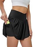 DLOODA Women's Athletic Running Shorts with Pockets Crossover Butterfly Flowy Shorts Cute Summer Skorts (Black M)
