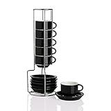 Sweejar Porcelain Espresso Cup & Saucer Set, Stackable Demitasse Cups with Metal Stand, 2.5 OZ for Latte,Coffee,Cafe Mocha,Tea, Set of 6 (Black)
