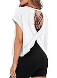 MIHOLL Open Back Tops for Women Summer Short Sleeve Criss Cross Cropped Shirts Gym Running Outfit (White, Small)