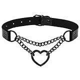 Leather Choker Necklace for Women - Black Heart Chain Choker - Punk Goth Style - Adjustable PU Collar - Gifts