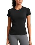 CRZ YOGA Seamless Workout Tops for Women Short Sleeve Athletic Tees Breathable Gym Running Yoga Shirts Black Medium