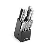 FARBERWARE 15-Piece Kitchen Knife Set with High-Carbon Stainless Steel Blades, Black Handles, Steak Knives, Wood Block, Razor Sharp and Ergonomic