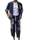 ABEWIP Men's Japanese Kimono Set Chinese Style Printed Open Front Cardigan and Pants Stylish Loose Casual Coat Suits Navy Blue XL