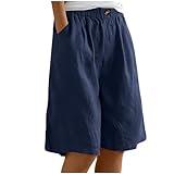 Generic Sale Today's Womens Summer Cotton Linen Bermuda Shorts Elastic Waist Wide Leg Shorts Fashion Loose Knee Length Shorts Casual Beach Shorts Prime of Day Deals Today 2024, Large, A0-dark Blue