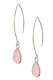 Natural Gemstone Pull Through Earrings,18K Gold Plate Birthstone Jewelry, Healing Stones, Small Dainty Teardrop Drop Dangle Earrings for Women Girls Gift (pink-quartz)