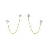 4 Prong CZ Round Stud With Chain Cuff S925 Sterling Silver Earrings for Women Cartilage Double Piercing Holes Fashion Chic Minimalist Climber Crawler Threader Hypoallergenic Gifts (Gold)