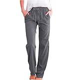 Generic Cotton Linen Pants Women, Prime of Day Deals Today 2024, Womens Casual Cotton Linen Pants Summer Relax Fit Elastic Waist Straight Leg Plus Size Solid Lounge Long Trousers A03_Dark Gray,L